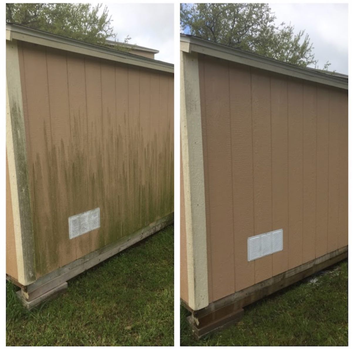 Storage building exterior washing before and after